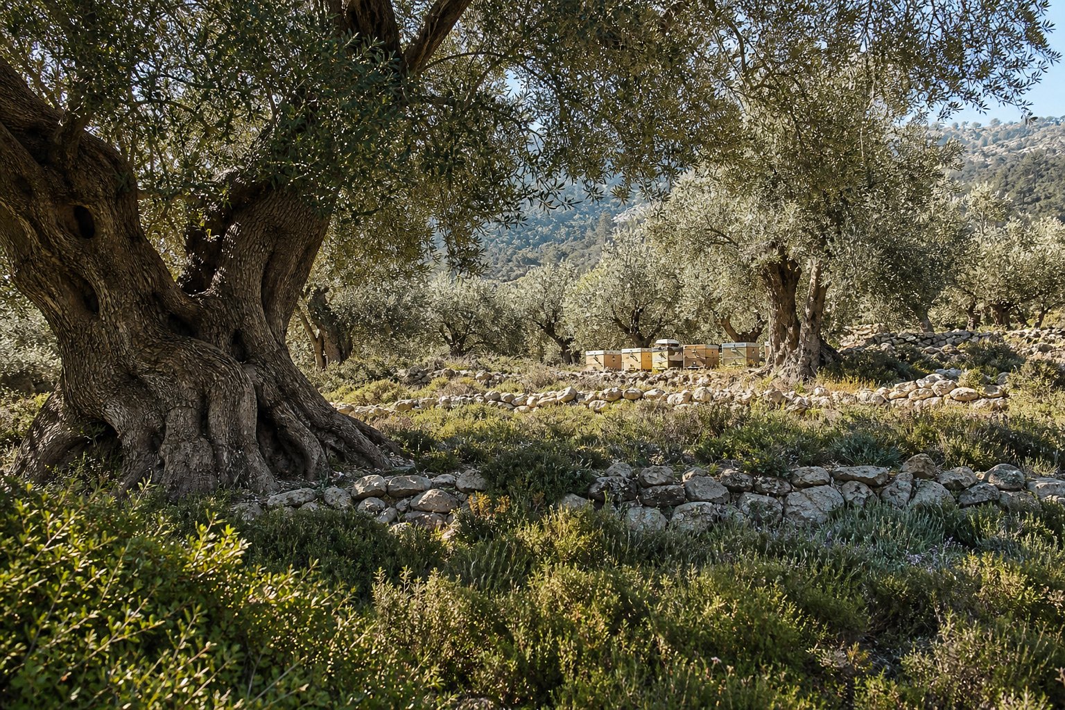 Olivenhain und Bienenstöcke auf der Insel Kos