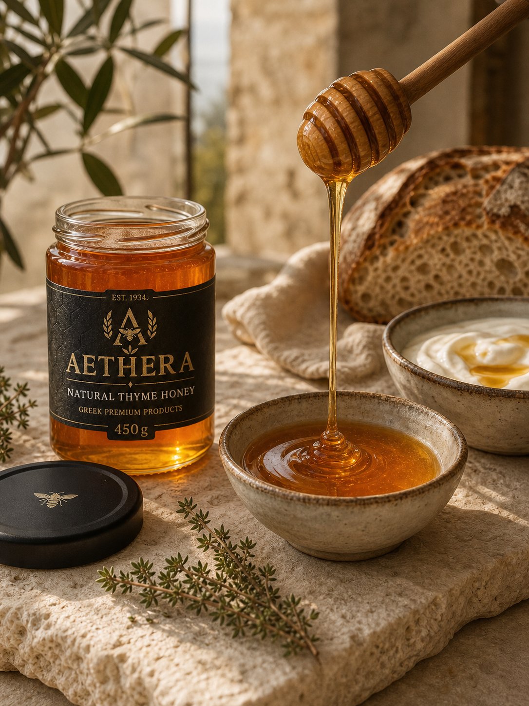 Θυμαρίσιο μέλι AETHERA καθώς χύνεται
